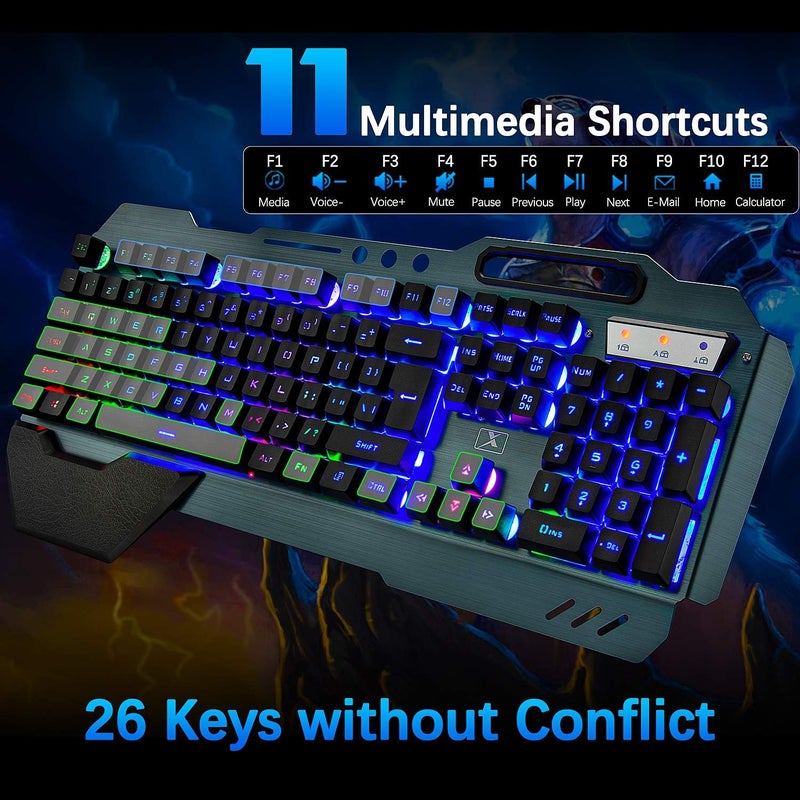 LexonElec Wireless Gaming Keyboard and Mouse,Rainbow Backlit Rechargeable Keyboard Mouse with 3800mAh Battery Metal Panel,Removable Hand Rest Mechanical Feel Keyboard and 7 Color Gaming Mute Mice for PC Gamers - Image 3
